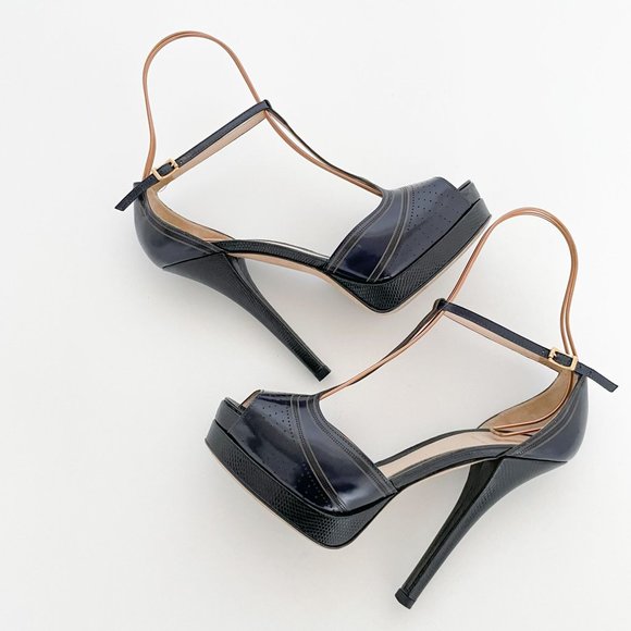 Fendi T-Strap Platform Sandal Navy Size 39 US 9 Blue Laser Cut Peep Toe Heel - Picture 8 of 13